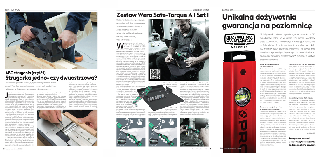 Rozkładówka Gazety Narzędziowej 3/2026 z artykułami o strugarkach, zestawie Wera Safe-Torque A 1 Set 1 i poziomnicy PRO600 Ultra Precision