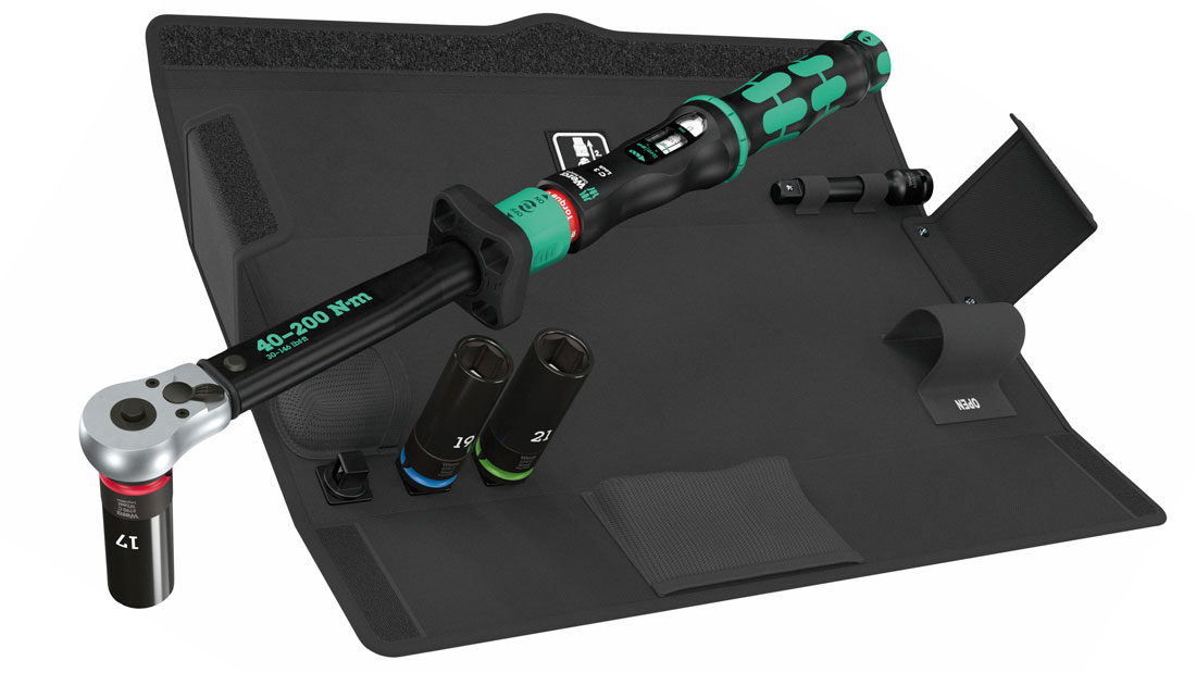 Zestaw do wymiany kół Wera Click-Torque Lock C 3 Set 1 z kluczem dynamometrycznym, nasadkami Wheel Impaktor i tekstylnym etui transportowym.