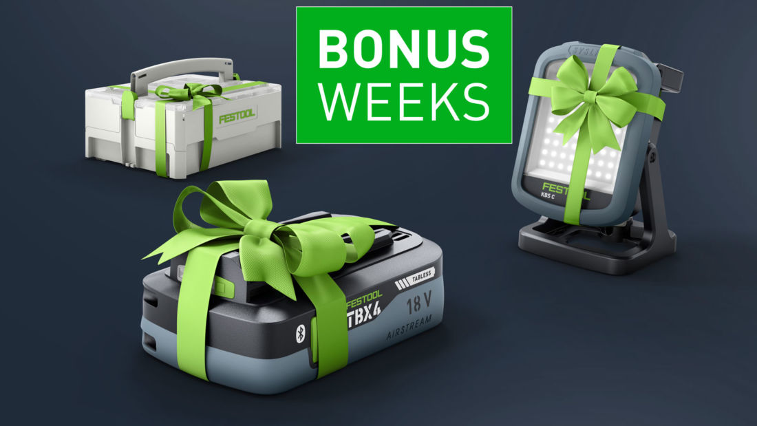 Festool Bonus Weeks 2026 – akumulator Festool 18 V, Systainer i lampa akumulatorowa KBS C SYSLITE z zielonymi kokardami