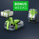 Festool Bonus Weeks 2026 – grafika promocyjna z akumulatorem 18 V, Systainerem i lampą KBS C SYSLITE